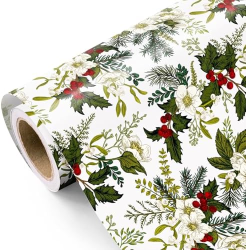 WRAPAHOLIC Christmas Wrapping Paper - Mini Roll - 17 Inch x 16.5 Feet - White Floral Wrapping Paper with Green Leaves and Red Berries for Xmas Holiday, Party Celebration