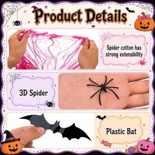 1100 Sqft Rose Red Halloween Spider Web Decor with 60 Fake Spiders 12 Bats