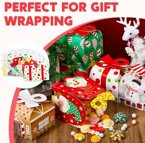 JOYIN 24 PCS 3D Christmas Goody Gift Boxes with Bow for Holiday Xmas Goodie Paper Boxes, School Classroom Party Favor Supply, 6” x 6” x 5.5” 8 Designs Candy Treat Cardboard Cookie Box for Gift Giving