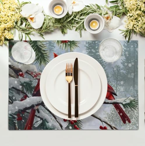 Christmas Placemats Set of 4 Red Cardinal Birds Snowy Place Mats