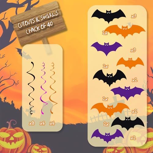 YQUQWN 46 PCS Halloween Bat Hanging Swirl Decorations Black Orange Purple Flying Vampire Bat Ceiling Decor for Kids Halloween Party Door Office Party Supplies