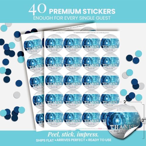 Escape Room Stickers, 40 Pack 2 Inch Round Birthday Labels, Escape Room Party Favors, Puzzle Mystery Thank You Design, Made in USA by Amanda Creation