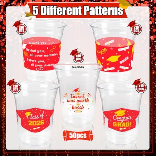 GuassLee Red Gold Graduation Decorations 2026 Party Cups - 50pcs 12 Oz Red and Gold Disposable Graduation Plastic Clear Cups for Drinks Class of 2026 Grad Party Supplies