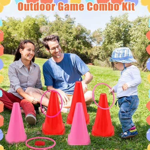 33Pcs Large 4 in 1 Valentines Day Games for Kids with Ring Toss, Plastic Cones, Bean Bags, 3-Legged Race Bands, Carnival Valentine's Games Activity Combo Set for Classroom Indoor Outdoor Party Yard