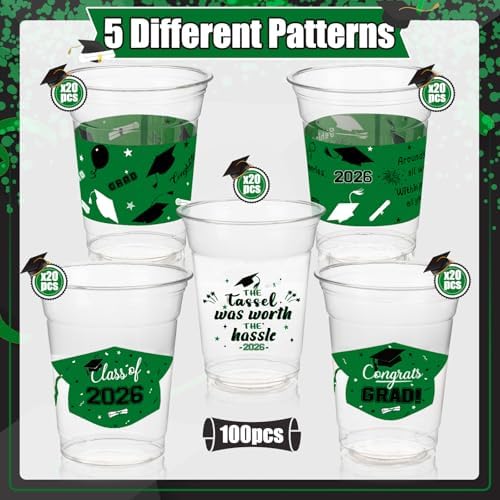 GuassLee 2026 Graduation Party Decoration Cups - 100pcs 12 Oz Black Green Disposable Graduation Plastic Cups for Drinks Class of 2026 Congrats Grad Party Tableware Supplies Decor