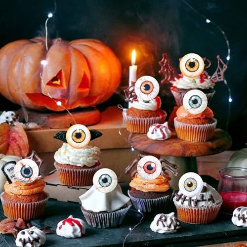 60 PCS Edible Eyeballs Cupcake Toppers Wafer Paper Horror Eyeballs Cupcake Picks Edible Dessert Sprinkles Bloody Eyes Halloween Cupcake Decorations for Halloween Party Cake Decorations Supplies