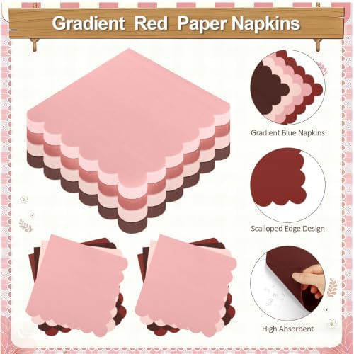 96Pcs Pink and Burgundy Paper Plates and Napkins Serves 48,9 Inch Gradient Disposable Plates,6.5" Scalloped Napkins Tableware for Bridal Shower,Girl Birthday, Wedding,Valentine’s Day