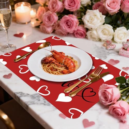 6 Set Valentine's Day Placemats, 11x16 Inch Red White Heart Love Plastic Placemats Valentine's Day Spring Holiday Table Mats for Wedding Party Festival Decor
