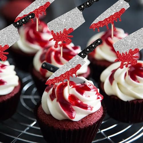 Rsstarxi 24 Pack Halloween Cupcake Toppers Horror Blood Knife Cupcake Picks Have a Killer Birthday Cake Decorations for Halloween Blood Knife Theme Birthday Party Decorations