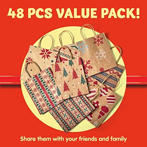 JOYIN 48 PCS Christmas Kraft Bags, Presents Wrapping Goody Treat Candy Bags with Handle Xmas Characters for Christmas Party Favors, Gift Giving, Holidays Decorations, Xmas Treat (7" x 9" x 3.5 ")