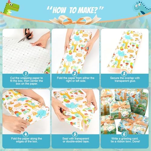 Bafeil Dinosaur Wrapping Paper Birthday Boy, 3 Rolls Cute Dino