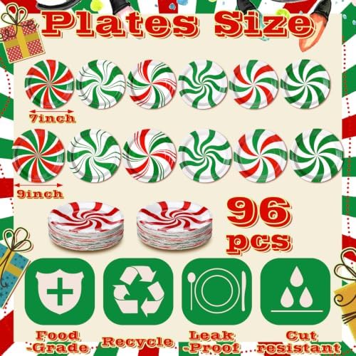 Fourluoo 96 Pcs Christmas Paper Plates Green and Red Candy Christmas Disposable Dinner Plates for Xmas Birthday Party Table Decor