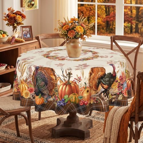 Thanksgiving Tablecloth Round 60 Inch, Stain Resistant Machine Washable Fabric Polyester Turkey Harvest Table Cloth Round Thanksgiving Tablecloth Table Cover for Kitchen Dining Party
