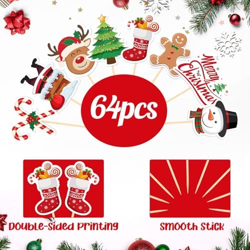 NEBURORA 64 Pieces Christmas Cupcake Toppers Santa Snowmen Cake Picks Merry Christmas Toothpick Flags for Party Decorations Supplies