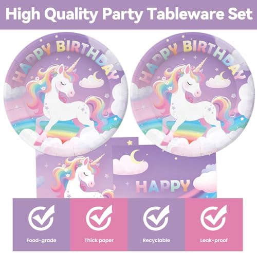 50Pcs Unicorn Birthday Plates and Napkins Party Supplies, Disposable Pastel Rainbow Paper Plates Napkins Tableware Set for Unicorn Birthday Party Decorations