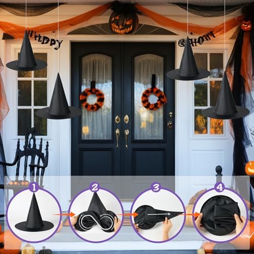 12 PCS Halloween Witch Hat, Black Hanging Witch Hat Costume Accessories Thickened Hanging Wizard Hats Bulk with 109 FT Rope Floating Porch Indoor Outdoor Home Yard Party Supplies