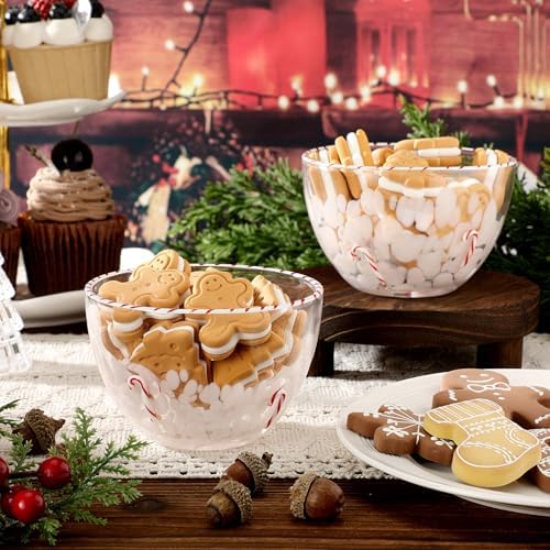 FoldTier 2 Pcs Christmas Icon Candy Bowls Dish, 14oz Candy Cane Christmas Serving Bowls Double Old Fashioned Glass Xmas Gifts for Snacks Dessert Cookie Holiday Party Favors Table Decoration