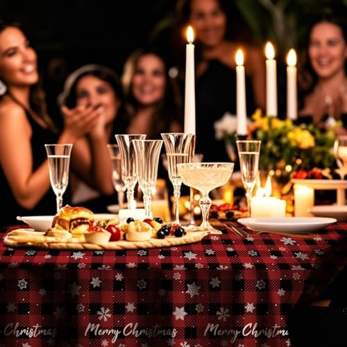 8 Pack Christmas Red Checkered Snowflake Plastic Tablecloth 54" x 108" Disposable Christmas Table Cloths for 6 to 8 Foot Tables Rectangle Table Cover for Parties (Red Checkered Snowflake, Rectangle)