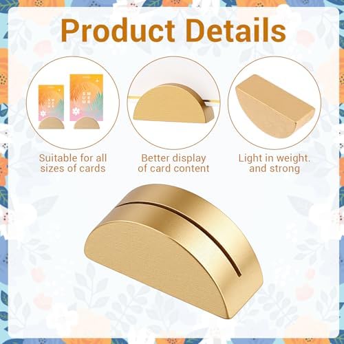50 PCS Gold Table Number Holders, Wooden Place Card Holders with 50 PCS Cards Semicircular Table Number Stands for Restaurant, Wedding, Birthday Party Plates, Menus and Photos