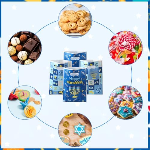 vueuKiGE Hanukkah Gift Bags, 50 PCS Hanukkah Treat Bags with Handles, 7x9.8 Inch Plastic Chanukah Gift Goodie Candy Cookie Bag Jewish Themed Party Favor Bag for Hanukkahs Party Decorations Supplies