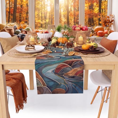 Fall Decorations for Home - Stained Glass Mountain River Fall Table Runner