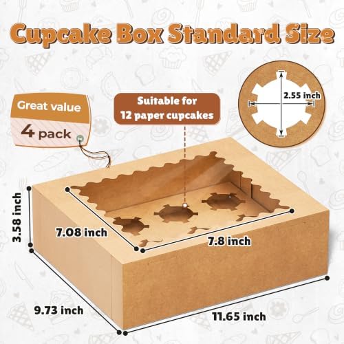 RYDDOY 4 Pack Brown Cupcake Boxes, Hold 12 Count Cupcake, Cupcake Carriers