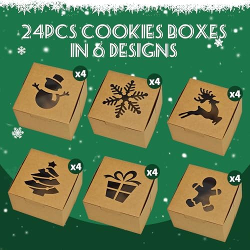 24 Packs Christmas Cookie Boxes with Window, Kraft Treat Box, 6 Styles