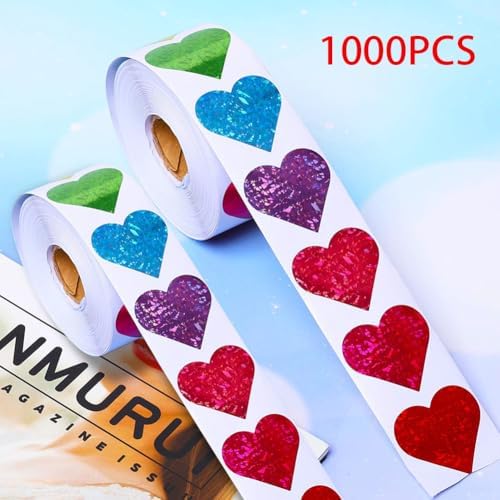 1000Pcs Shining Laser Heart Stickers,1Inch Scrapbook Heart & 1.5inch Romance Love Stickers for Kids Valentine’s Day Supplies Valentines Day Mothers Day Decor