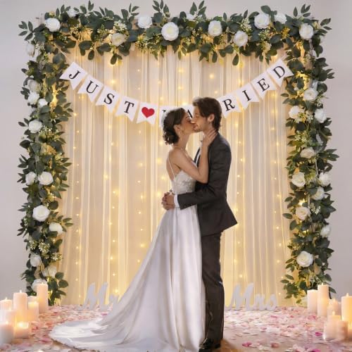 5 Pcs Just Married Decorations Kit, All-in-one Wedding Decor with 10.5 x 8.2ft White Tulle Backdrop with Lights, Mr and Mrs Sign, 2 Flower Garlands, Wedding Banner for Reception, Party