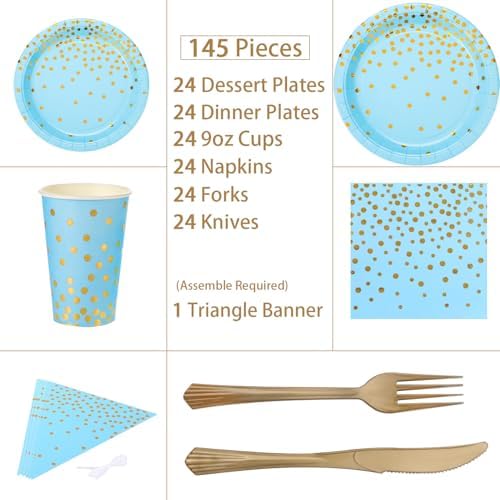 Blue and Gold Party Supplies 145PCS Golden Dot Disposable Party Dinnerware Includes Paper Plates, Napkins, Knives, Forks, Cups, Banner, for Baby Shower, Boy Birthday, Serves 24