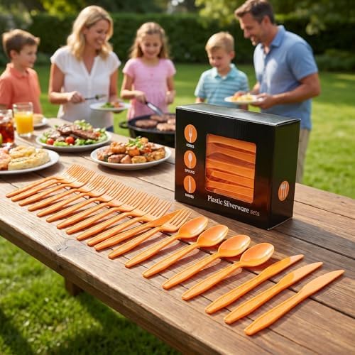 90Pcs Orange Plastic Silverware Set, Disposable Forks Spoons Knives