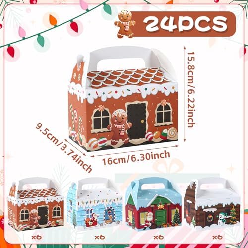 Patimate 24 pcs 4 Style Christmas Cookie Boxes for Gift Giving with Handles