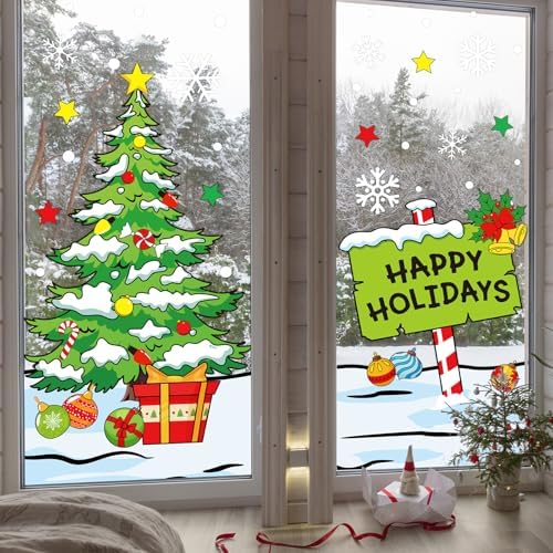 Whaline 6 Sheets Christmas Window Clings Xmas Tree Signpost Snowflake Window Decal Reusable Anti-Collision Windows Decor for Winter Home School Office Holidays Party Supplies