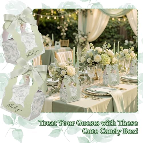 ForraFun 50 Sets Floral Wedding Favor Boxes with Pearl Pendant Bow, Green