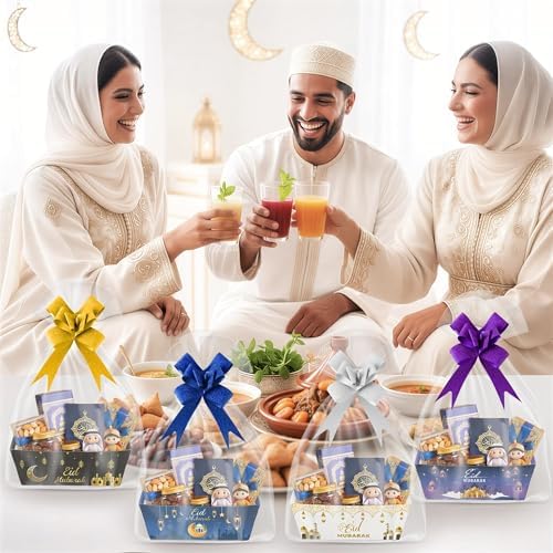 OSNIE Eid Mubarak Gift Bag Empty Baskets - 24 Sets Islamic Eid Gold Lantern and Moon Party Gift Baskets Empty with Cellophane Bags and Ribbons Bows for Festivals Holiday Business Carnival (4 Styles)