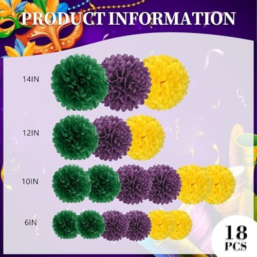 18 PCS Tissue Paper Pom Poms, Tissue Pom Poms Flowers, Sizes of 6", 10", 12", 14" Hanging Paper Flower Ball for Wedding, Birthday, Mardi Gras, Baby Shower Party Supplies Decor (Yellow Green Purple)