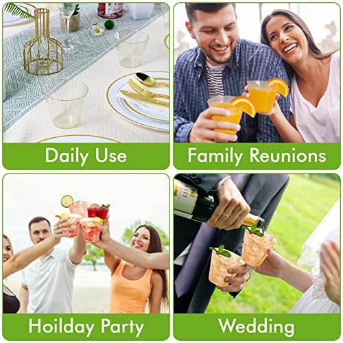 JOLLY CHEF 50 Pack 9 oz Glitter Plastic Cups, Disposable Gold Cups, Clear Plastic Tumblers for Weddings Thanksgiving, Christmas Parties