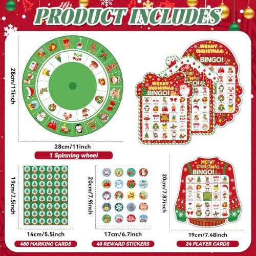 Christmas Bingo Game Cards for Adults 24 Players Christmas Party Bingo Games Winter Holiday Bingo Cards with Turntable Reward Stickers for Party Activities Home Family Party Game