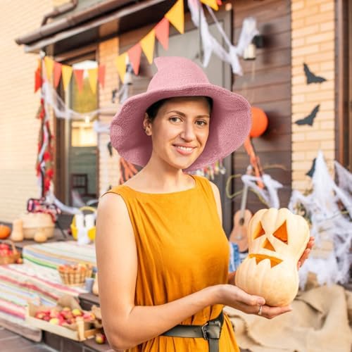 Leuceiy Witch Hat for Women, Wide Brim Foldable Wool Kintted Wizard Hats
