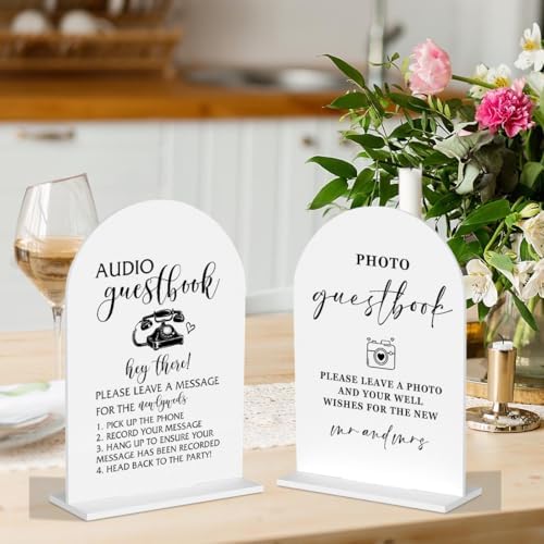 2Pcs Wedding Memorial Signs Audio Guest Book Sign Photo Guest Book Sign Wedding Table Acrylic Decor for Engagement Bridal Shower Ceremony Reception Event Party