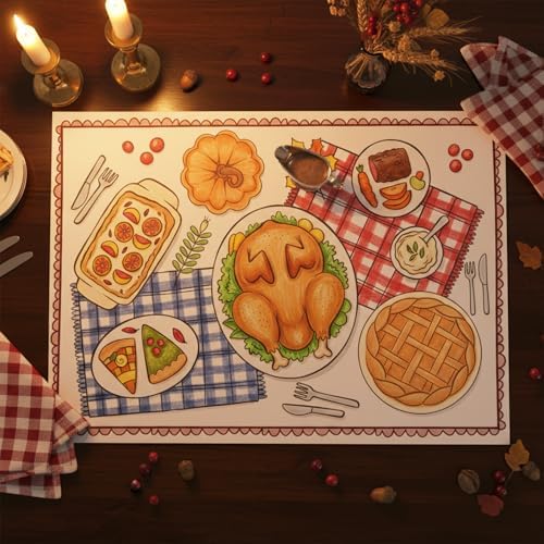 24PCS Thanksgiving Coloring Placemats Cards Party Supplies – Give Thanks Paper Mats Fall Turkey Dinner Table Decorations