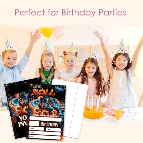 Roller Skating Birthday Invitation, Glow Gender Neutral Double-Sided Fill In Style Invites with Envelopes for Birthday, Glow Roller Skating Party Invitation For Boy,Girl, Bday Party Favor & Decoration