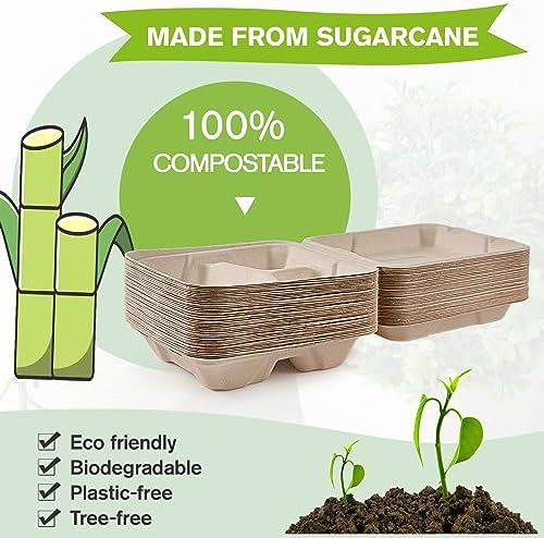 ECOLipak 50 Pack Compostable Take Out Food Containers, 8 inch,3 Compartment