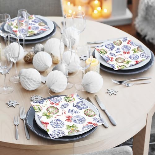 FYSUIMU Christmas Balls Paper Napkins Luncheon Napkin Chinoiserie Xmas Ball Disposable Dessert Dinner Hand Napkin for Holiday Party Decorations Supplies, 50 Pcs