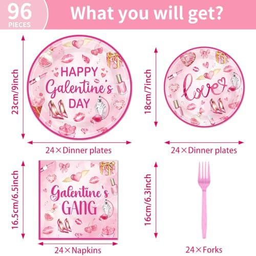 EUOYUFO 96Pcs Pink Galentine Party Decorations Tableware Set Happy Galentine's Day Paper Plates Napkins Forks Galentines Valentines Day Theme Party Supplies Serve 24 Guests