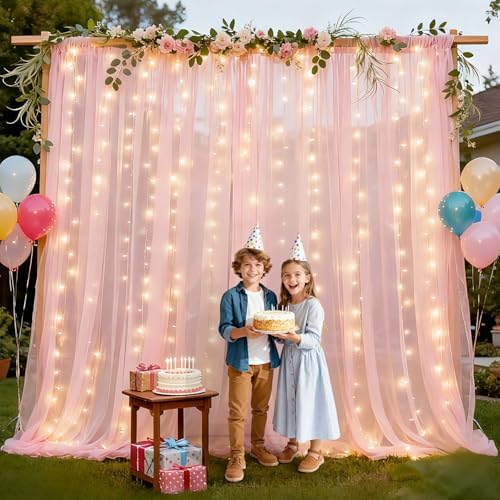 Ledido 10×10ft Pink Tulle Backdrop Curtain with Light(2 Panels 5×10ft)