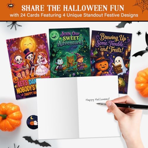 FLYAB 24 Pack Boxed Halloween Cards for Kids with Envelopes & Stickers