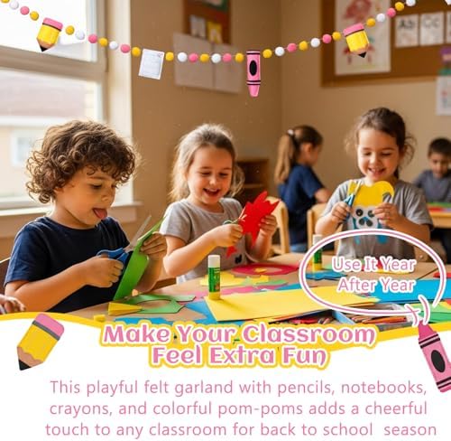 CroBlissful Back to School Felt Pom Garland, 8.2ft Classroom Pencil Banner