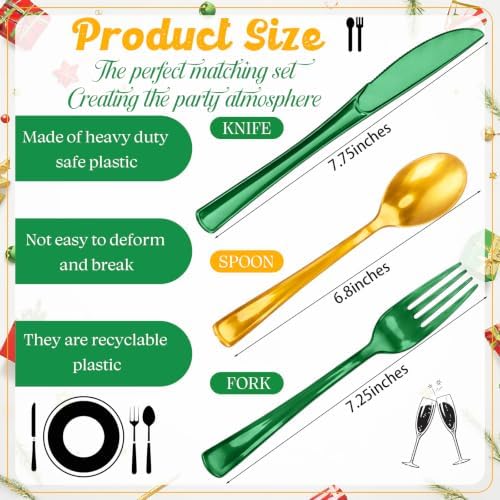 Minatee 180 Pcs Pearlescent Green Gold Plastic Silverware Heavy Duty Cutlery Sets Disposable Utensils for Holiday Birthday Themed Party Supplies, 60 of Each Forks Knives Spoons