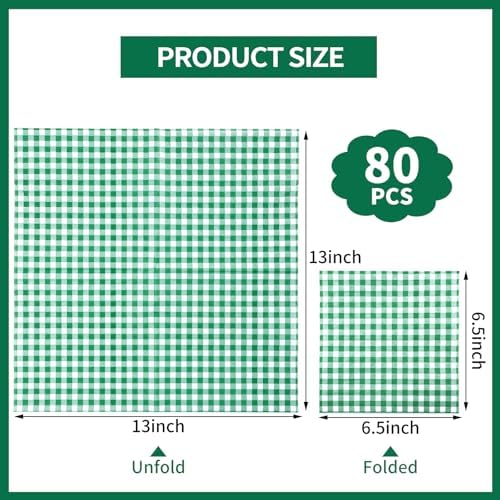 80 Pack Green Gingham Paper Napkins, 6.5 x 6.5 In, Disposable